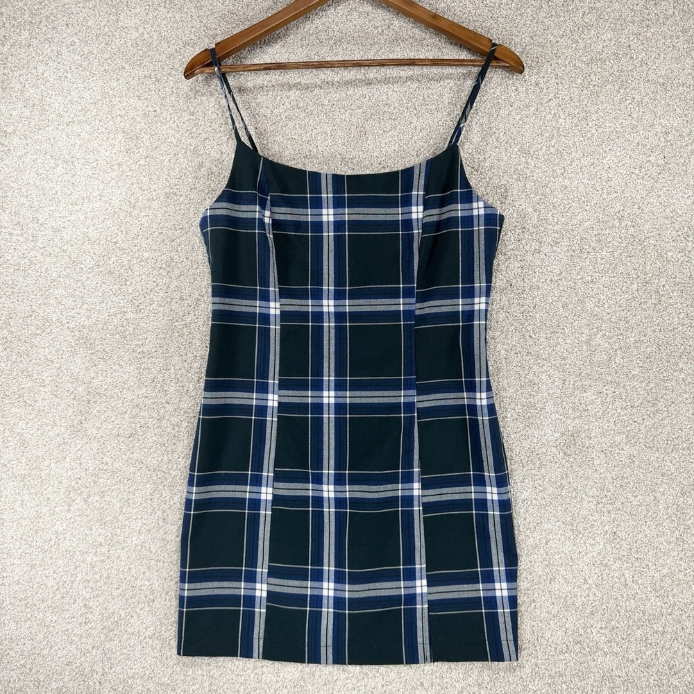 Forever 21 Green Navy Plaid Skater Mini Dress M Acedamia Preppy Cami Strap
